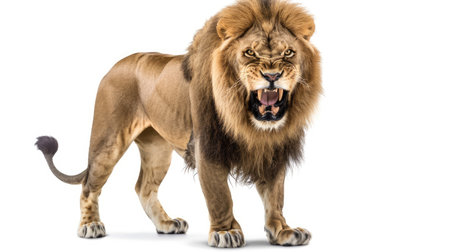Roaring lion with fierce eyes and sharp fangs, standing majestically against a white backdropの素材