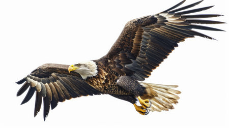Side view of an eagle gliding with its sharp talons visible, set against a clean white background.の素材