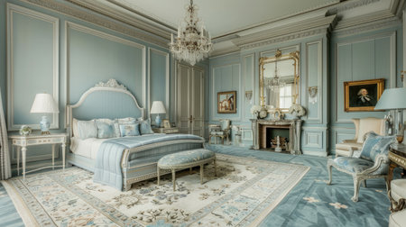 Luxury in every detail: Serene light blue master bedroom featuring floor-to-ceiling wainscoting, crown moldings, and elegantの素材