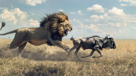 Ferocious lion chasing a scared wildebeest, with the vast and wild savannah stretching out in the background.の素材
