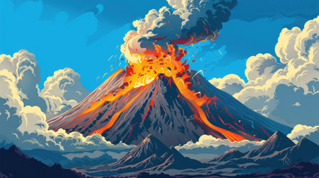 Volcano erupting with billowing smoke and lava, set against a clear blue sky.の素材