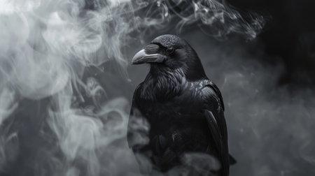 Dark and majestic black crow, with eyes glowing ominously, amidst the thick smoke of black magic.の素材