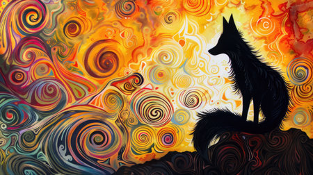Silhouette of a fox integrated with swirling, surreal patterns and bright, bold colors, forming a captivating abstract artworkの素材