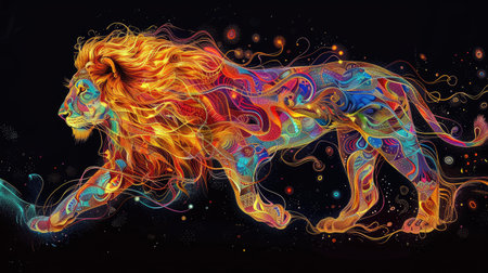 Abstract lion silhouette interwoven with fantastical patterns and radiant colors, evoking a sense of wonder and imagination.の素材