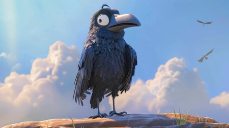 Friendly cartoon black crow winking, standing on a rock, with a bright and cheerful sky behind itの素材