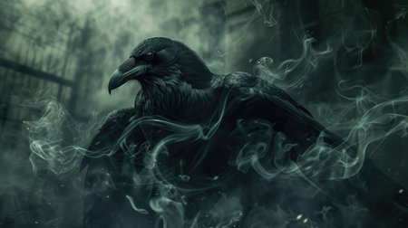 Intimidating black crow with piercing eyes, surrounded by swirling dark smoke from a wizard's spell.の素材