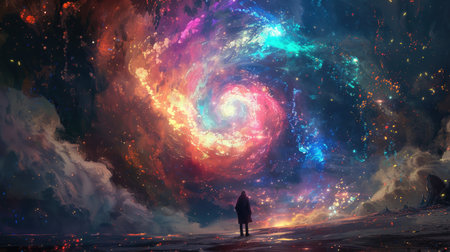 Enchanting cosmic colors dancing in a dreamlike setting, invoking a sense of magic and fantasy, with room for text aboveの素材