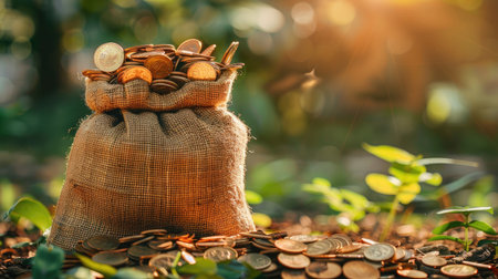 Bag filled with coins, symbolizing wealth and financial success.の素材