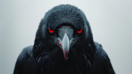 Front-facing black crow with vivid red eyes, staring intently, against a stark white backdrop.の素材