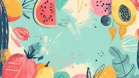 Vibrant drawings of fruits and veggies on a pastel backdrop, offering a whimsical space for adding text elements.の素材