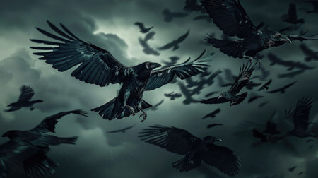 Swarm of ominous black crows with sharp talons and piercing eyes, circling under a dark and foreboding sky.の素材