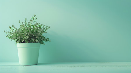 Calm mint green backdrop, refreshing and easy on the eyes, perfect for creating a relaxed atmosphere, with space for text on the left sideの素材