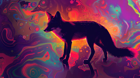 Silhouette of a fox merging with vibrant, surreal patterns in neon colors, creating an abstract and imaginative composition.の素材