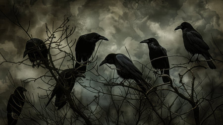 Ominous flock of black crows perched on leafless branches, against a backdrop of a dark, cloudy sky.の素材