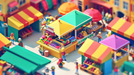 Vibrant isometric background featuring miniature characters at a street fair, selling a variety of products. Space for text at the bottom.の素材