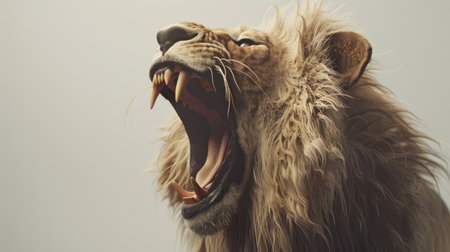 Fierce lion with its mouth wide open, roaring with sharp fangs exposed against a plain white backdrop.の素材