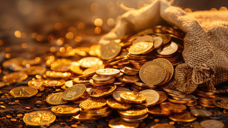 Plenty of coins overflowing from a bag, representing financial abundance and prosperityの素材