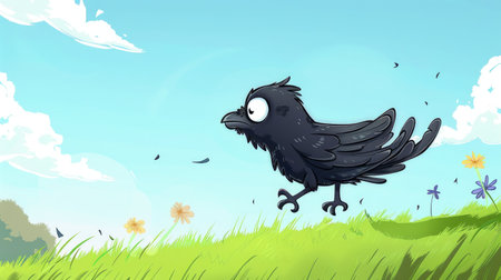 Cartoon black crow with a curious expression, hopping on a grassy meadow, under a clear and sunny sky.の素材