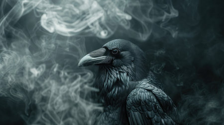 Haunting black crow with piercing eyes, set against a backdrop of swirling dark smoke from a sorcerer's enchantment.の素材