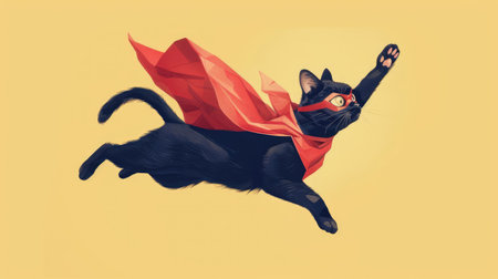 Cat-cape crusader in action! A joyful black cat dressed as a superhero with a red cloak and mask, leaping and flying with gusto on a light yellow background.の素材