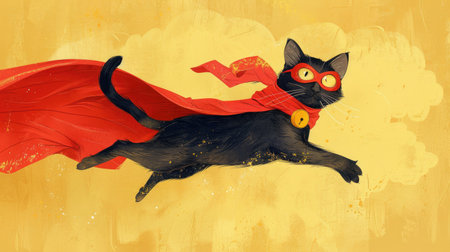 Superhero antics with a feline twist! A cheerful black cat adorned in a red cape and mask, leaping and flying energetically against a soft yellow background.の素材