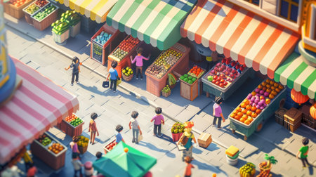 Detailed isometric background featuring small characters in a vibrant marketplace, perfect for retail themes. Space for text belowの素材
