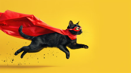 Witness the adventures of a superhero cat! A happy black cat wearing a red cloak and mask, bounding and flying playfully on a light yellow background.の素材