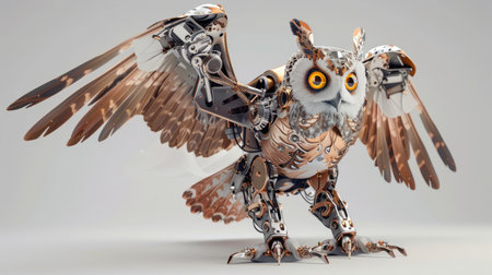 Advanced robot owl with combat enhancements, including laser eyes and armored wings, ready for action in a sci-fi world.の素材