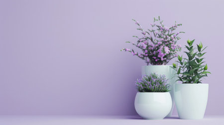 Elegant plants in white pots against a pastel lilac background, offering generous room on the right side for text.の素材