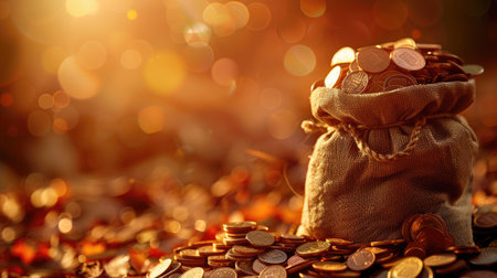A coin bag bursting with overflowing coins, symbolizing wealth and prosperityの素材