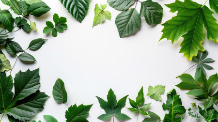 Beautiful assortment of leaves on a white background, with ample space in the center for text.の素材
