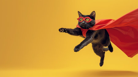 Join the adventures of a superhero cat! A happy black cat wearing a red cloak and mask, bounding and flying through the air against a gentle yellow backdropの素材