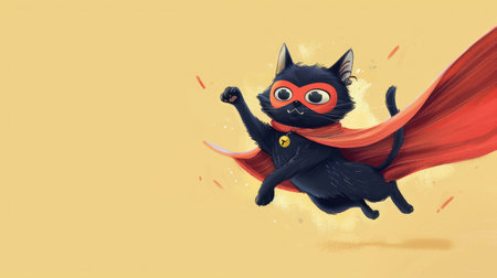 Embrace the superhero spirit with your pet! A smiling black cat in a red cape and mask, jumping and soaring against a light yellow background.の素材