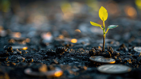 A sapling sprouting from a coin on the ground, surrounded by other coins, representing investment and growthの素材