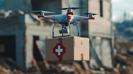 A drone delivering medical supplies to an emergency site after a natural disaster, highlighting rapid response logistics.の素材