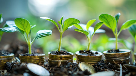 Several seedlings sprouting from a stack of coins, representing investment growth and prosperity, with a white backdropの素材