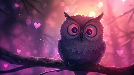 Cartoon owl with heart-shaped eyes, sitting on a branch with a pink and purple background.の素材