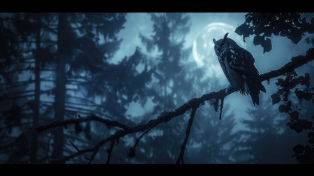 Nighttime forest scene with an owl perched on a branch, the moonlight highlighting its feathers against the dark treesの素材