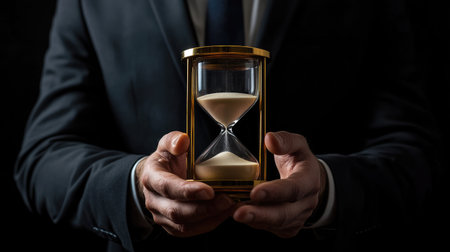 A businessman holding a sand timer, symbolizing time management. Business success, efficiency, goal setting.の素材