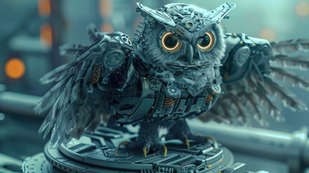 A robot owl equipped with combat gear, including metallic wings and laser eyes, perched on a futuristic platform.の素材