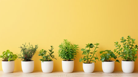 Beautiful plants in minimalist white pots against a pastel yellow background, leaving clear space at the bottom for textの素材