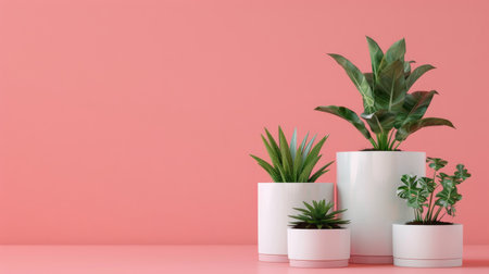Beautiful plants in minimalist white pots on a pastel pink background, with ample space at the top for text.の素材