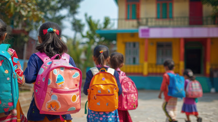 Kids eagerly opening their backpacks, ready to start the school day, with school building in the background.の素材