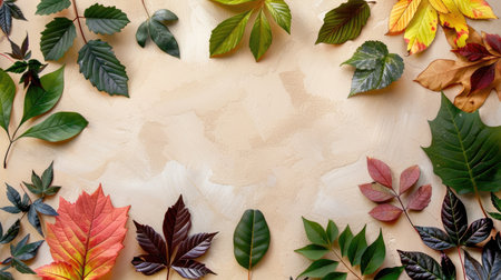 Assorted leaves laid out on a soft background, leaving ample room in the middle for text.の素材