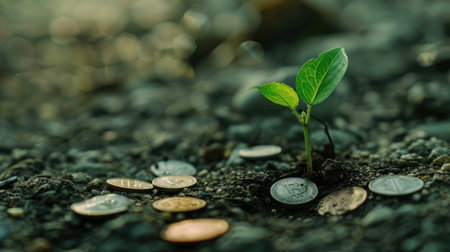 A tiny green sapling sprouting from a coin on the ground, with additional coins nearby, representing wealth and growth.の素材