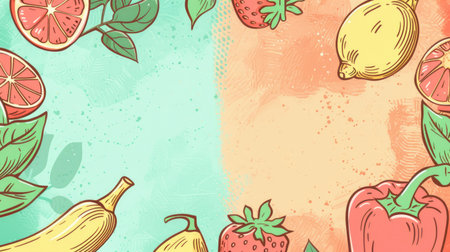 Delightful fruit and vegetable drawings adorning a pastel background, offering a charming space for text insertion.の素材