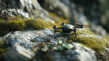 A spy drone disguised as a small object, blending into the environment. Technology, surveillance, camouflage.の素材