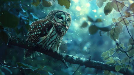 Nocturnal owl perched on a tree branch in a quiet forest, bathed in the gentle light of the moon and starsの素材