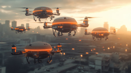 A fleet of drones hovering near a distribution center, emphasizing the role of aerial logistics in rapid delivery.の素材