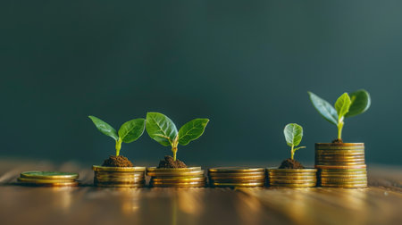 Multiple seedlings growing on stacked coins, symbolizing growth and sustainability in investments, against a minimalist backgroundの素材